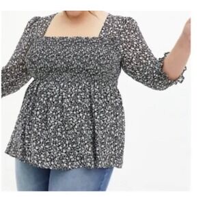Torrid Black White Ditsy Floral Babydoll Chiffon Smocked‎ Top Women's Plus SZ 2X